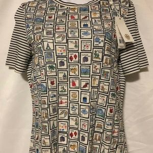 Tory Burch Sadie Tee Travel Print Viva Stripe XS